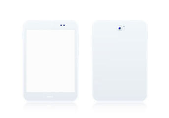 Realistic White Tablet and White Smartphone Mock Up with Blank Screen on White Background . Isolated Vector Elements