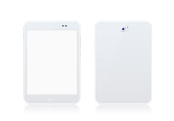 Realistic White Tablet and White Smartphone Mock Up with Blank Screen on White Background . Isolated Vector Elements