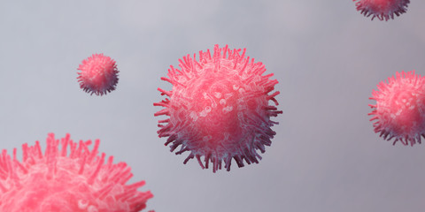 Microscopic magnification of coronavirus cells on grey background, 3D illustration. Panorama