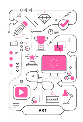 Vector creative business concept vertical illustration of business process with monitor and word on white background.