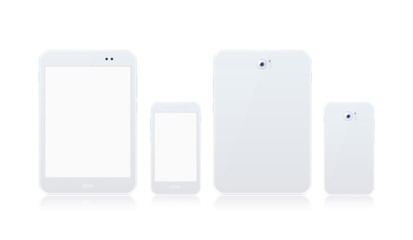 Realistic White Tablet and White Smartphone Mock Up with Blank Screen on White Background . Isolated Vector Elements