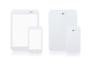 Realistic White Tablet and White Smartphone Mock Up with Blank Screen on White Background . Isolated Vector Elements