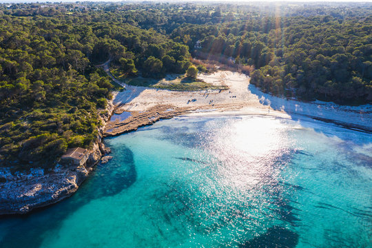 Spain, Balearic Islands, Santanyi, Aerial view of sAmarador beach in Mondrago Natural Park