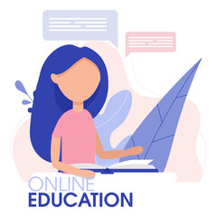 Learning kids with teacher. Student in learning process. studying online using internet flat vector illustration. Online education concept.