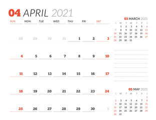Calendar page for April 2021. Monthly planner. Stationery design. Week starts on Sunday.