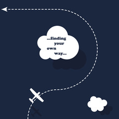 Finding your own way, motivational concept, illustration of an airplane flying around the cloud, evading obstacle 