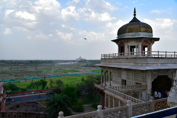 View of Musamman Burj, part of Agra Fort, from the northwest in the evening. River Yamuna and Taj...