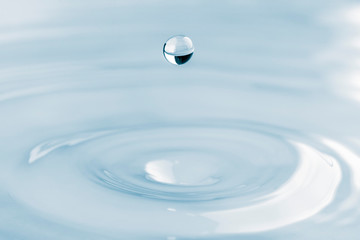 Water drop and splash background, small impact causes big changes. Ripple, macro wave on surface of liquid.