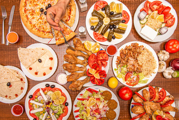 set of chicken dishes and kebab food