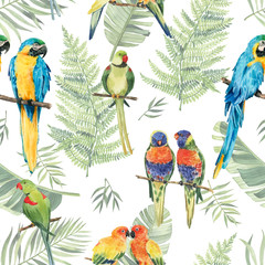 Fototapety  Pattern with beautiful watercolor parrots and tropical leaves. Tropics. Realistic tropical leaves. Tropical birds.
