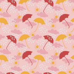 Obraz premium Umbrellas, clouds, rain, and suns seamless vector pattern. Springtime weather surface print design. For fabrics, stationery and packaging.