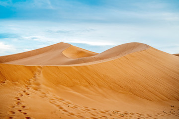 Many footprints on sand dunes of Sahara Desert, Morocco.
