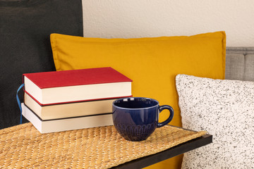 A lot of books with cup of coffee or tea on the table in living room, cushions and pillows on sofa....
