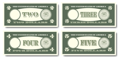 US fictitious green paper money in denominations of  two, three, four and five dollars