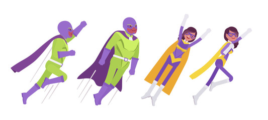 Male, female super hero in bright costume, flying attack poses. Attractive strong brave warriors, superpower people having powers, great extraordinary abilities. Vector flat style cartoon illustration © andrew_rybalko