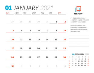 Corporate design planner template for January 2021. Monthly planner. Stationery design. Week starts on Sunday.