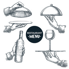 Waiters hands holding trays. Vector hand drawn sketch illustration. Restaurant menu, catering service design elements - 341395658