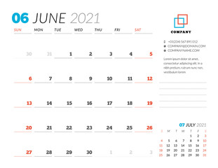 Corporate design planner template for June 2021. Monthly planner. Stationery design. Week starts on Sunday.