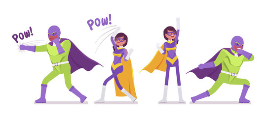 Male, female super hero in bright costume posing to attack. Heroic strong brave warriors, superpower people having super powers, great extraordinary abilities. Vector flat style cartoon illustration