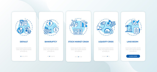Economic crisis onboarding mobile app page screen with concepts. Global economic and social emergencies walkthrough five steps graphic instructions. UI vector template with RGB color illustrations