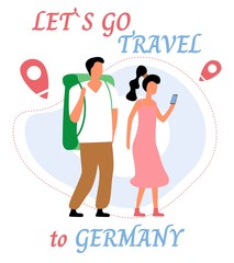 Lets go travel to germany. Young romantic couple during hiking adventure travel or camping trip. Flat colorful vector illustration.