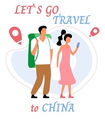 Obraz premium Lets go travel to china. Young romantic couple during hiking adventure travel or camping trip. Flat colorful vector illustration.