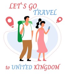Lets go travel to UK. Young romantic couple during hiking adventure travel or camping trip. Flat colorful vector illustration.