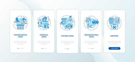 Crysis types onboarding mobile app page screen with concepts. Global disasters, emergency situations walkthrough five steps graphic instructions. UI vector template with RGB color illustrations