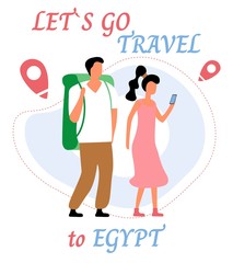 Lets go travel to egypt. Young romantic couple during hiking adventure travel or camping trip. Flat colorful vector illustration.