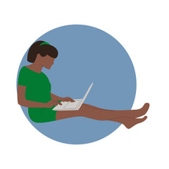 Freelance work concept with girl and laptop, book, messages. Work at home, home office, remote work concept flat style vector illustration