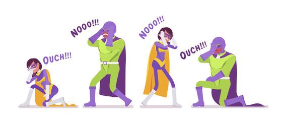 Male, female super hero in bright costume, defeat pose. Strong brave warriors loosing in contest, battle, superpower people having great extraordinary abilities. Vector flat style cartoon illustration