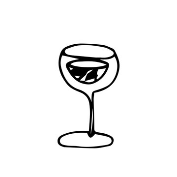 Doodle illustration of a glass with black lines on a white background. Image of a glass of wine, cocktail with a designer leg