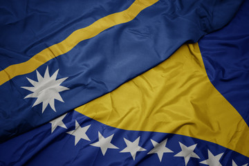 waving colorful flag of bosnia and herzegovina and national flag of Nauru .