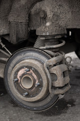 old shabby disc brake in wheel arch