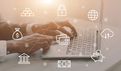 Professional banker typing on laptop, collage with creative finance related icons on imaginary screen