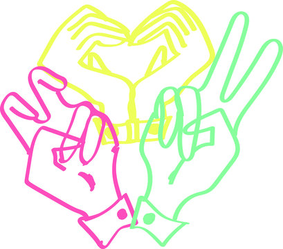 Set of hand gestures banner, peace, quotation marks in the air and love. Vector