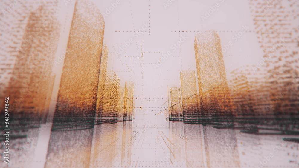 Poster motion through the orange and black colored model of abstract digital city contained of random symbo