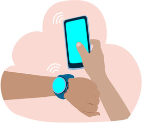 Smart watch connecting with mobile phone hands flat illustration cloud background