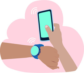 Smart watch connecting with mobile phone hands flat vector illustration cloud background