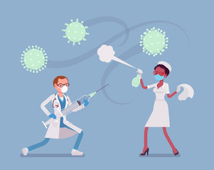 Doctors, health care workers fighting against virus. Physicians, nurses on frontline against coronavirus with giant medical tools, professionals on infections. Vector flat style cartoon illustration