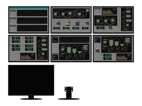 Set of monitor with engineering control panel on white background.