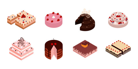 Cake with a bitten bite. Set of cakes cut for wedding and birthday. Party cakes. Sweet tasty food with strawberry and chocolate cream birthday cakes vector isometric.
