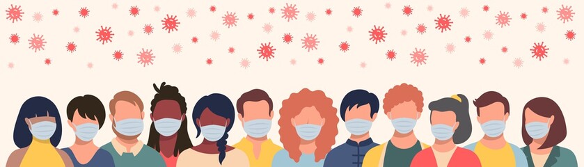 Group of people in protective masks and flying coronavirus in flat style. Men and women wearing medical masks to prevent disease, flu, quarantine concept.