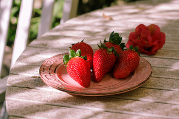 Harvest strawberry on a white wooden table in the garden close up.