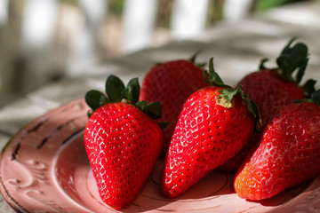 Harvest strawberry on a white wooden table in the garden close up.