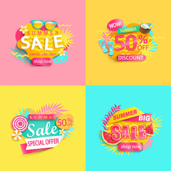 Bright summer sale banner, set of discount posters for hot season. Labels with tropical leaves,ice cream,watermelon, sunglasses.Invitation for shopping, special offer card, template for your design.