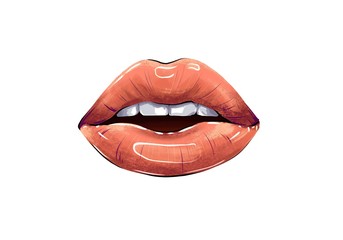 hand drawn art of female lips parted mouth visible white teeth. lip gloss on fashion lips illustration in gold color. Fashion gloss gold lipstick illustration isolated on white background. 