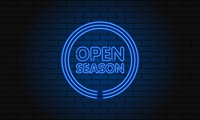 Neon sign open season in a circle on brick wall background. Blue. Vector