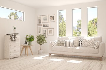 White living room with sofa and summer landscape in window. Scandinavian interior design. 3D illustration