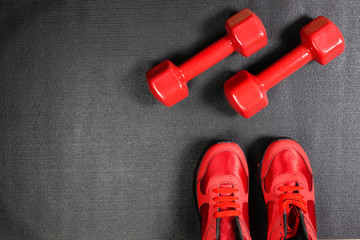 Pair of red sport sneakers and dumbbells, fitness concept
